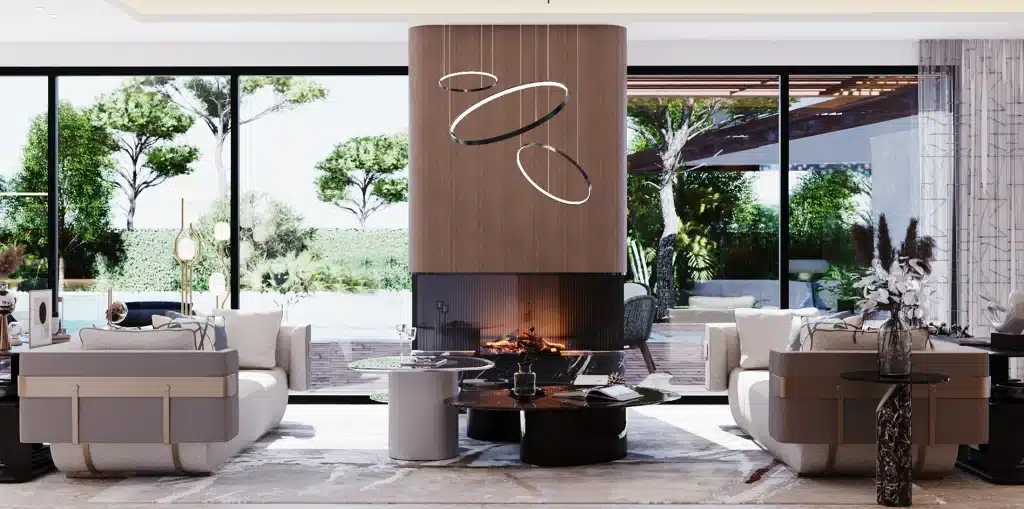 Reception area combining traditional stonework and modern minimalism