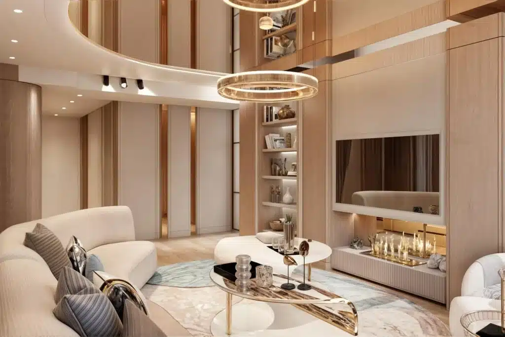 Elegant modern living room designed by JA Architecture with neutral palette